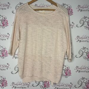 Lou & grey top 3/4 sleeve lightweight knit cream white crochet slits on sides